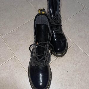 Black Patent Leather Boots with Yellow Stitching